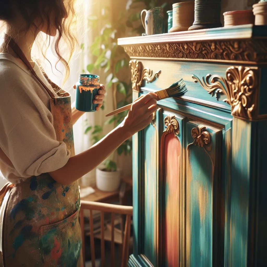 A woman wearing a paint-splattered apron stands in a sunlit room, meticulously painting a wooden bookshelf with vibrant shades of teal, coral, and gold. Fine details like the delicate brush strokes and the rich texture of the wood are visible.
How to Decorate Bookshelves Without Books 