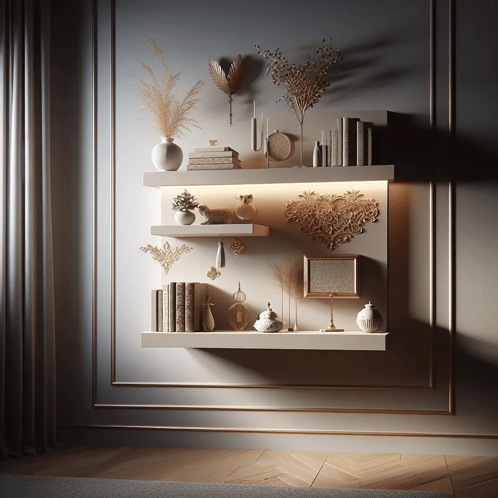 A small floating bookshelf seamlessly integrated into a modern living room, adorned with delicate decorative items instead of books. Soft ambient lighting highlights the intricate details of the shelf and the subtle shadows it casts on the wall.