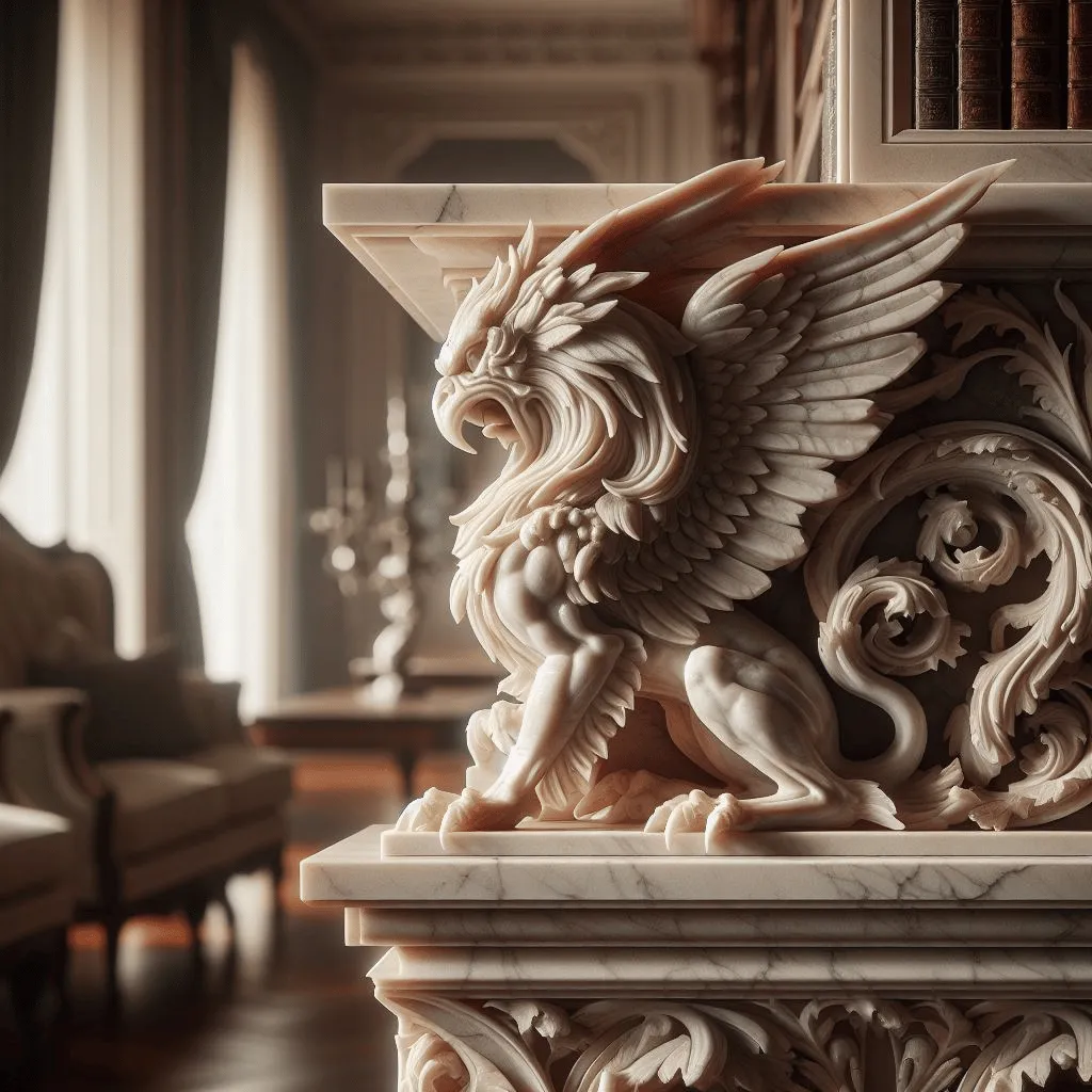 A detailed close-up of an intricately carved marble sculpture, depicting a mythical creature perched on the edge of a bookshelf. Soft natural light bathes the sculpture, highlighting the delicate veins in the marble. 