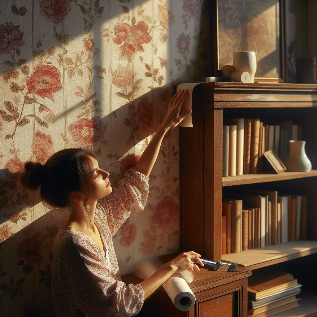 A woman delicately applying floral-patterned wallpaper onto a rustic wooden bookshelf in a cozy, sunlit room. The atmosphere is filled with a sense of warmth and homey comfort. How to Decorate Bookshelves Without Books