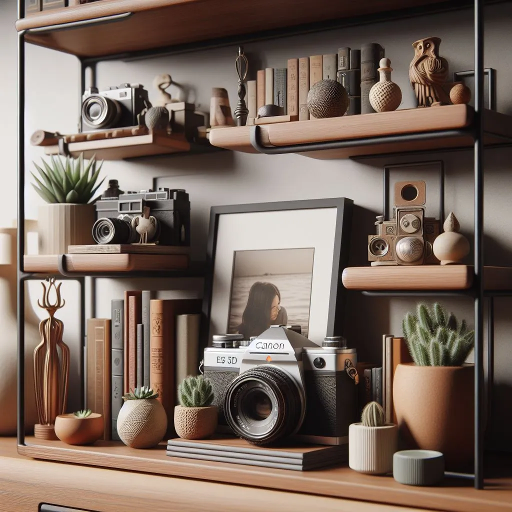 A meticulously arranged modern bookshelf featuring a diverse collection of decorative items such as vintage cameras, miniature sculptures, and potted succulents. How to Decorate Bookshelves Without Books