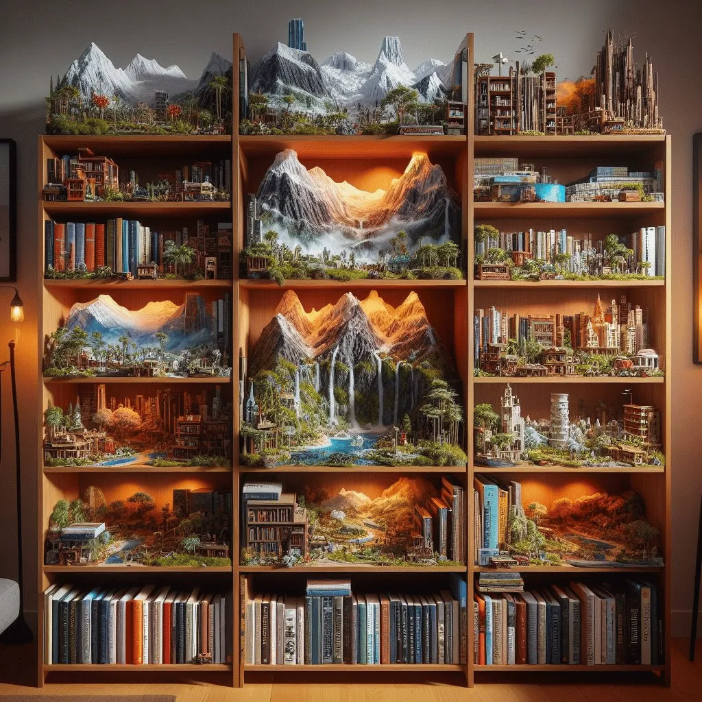 A meticulously organized bookshelf transformed into a vibrant and eclectic display of miniature landscapes. Each shelf hosts a unique terrain, from snowy mountains to lush tropical islands, created with intricate detail. 