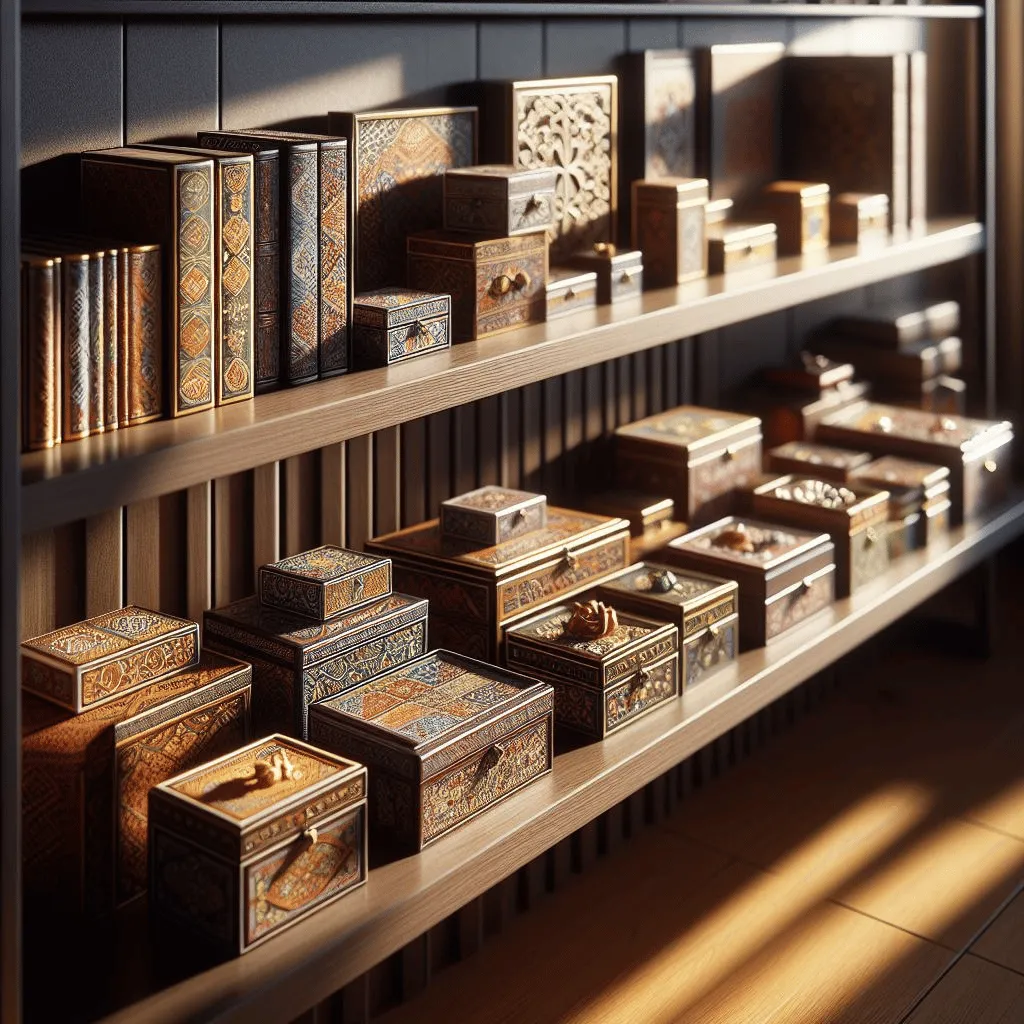 Neatly arranged on a sleek wooden bookshelf, a series of photorealistic decorative boxes with intricate patterns and vibrant colors catch the sunlight filtering through a nearby window.