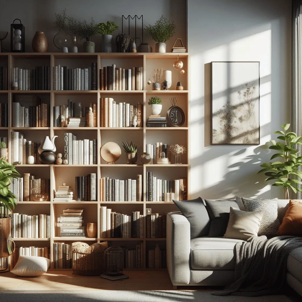 A well-lit living room with a modern bookshelf filled with an eclectic mix of books, decorative items, and plants. Sunlight gently streams through the window, casting natural shadows on the books.