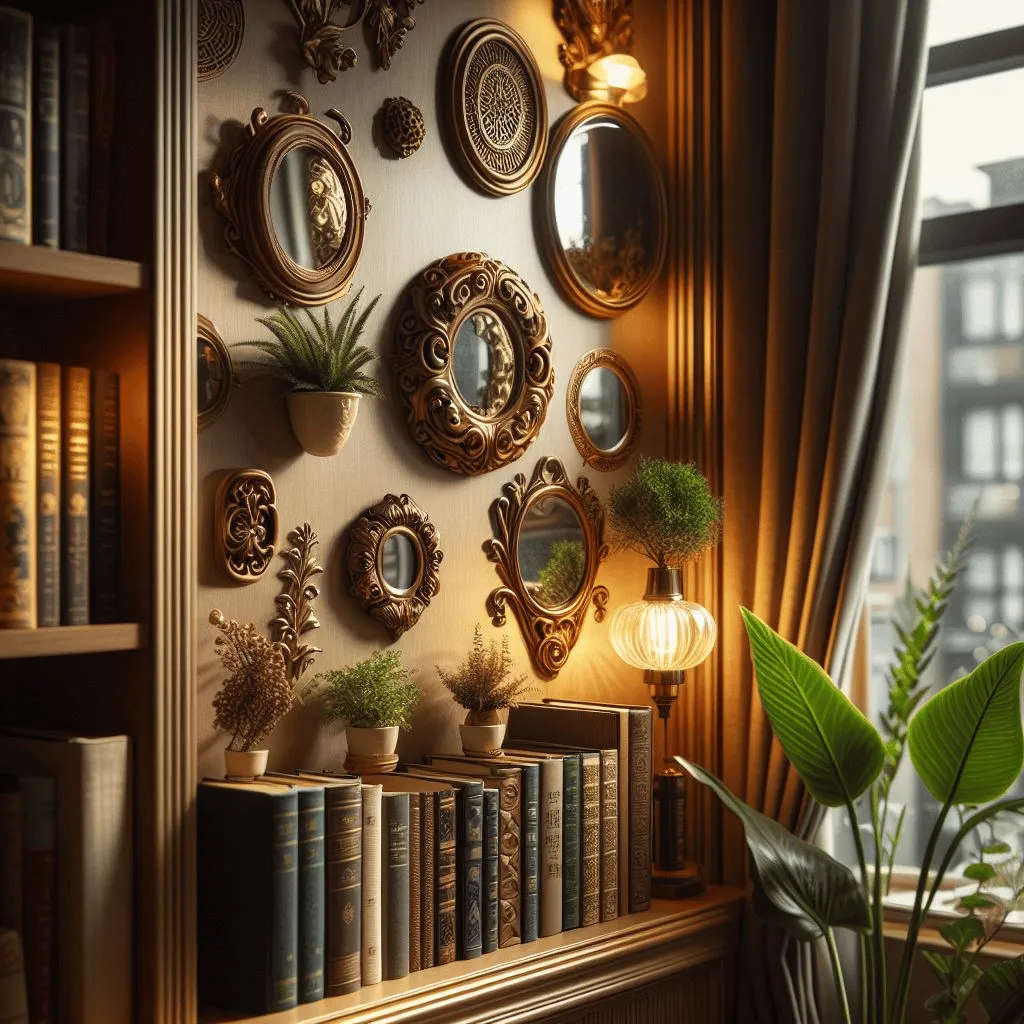 A close-up view of a small bookshelf adorned with elegant decorative mirrors, reflecting the warm ambient light from a nearby window. The bookshelf is neatly arranged with a mix of classic novels, potted plants, and vintage trinkets.