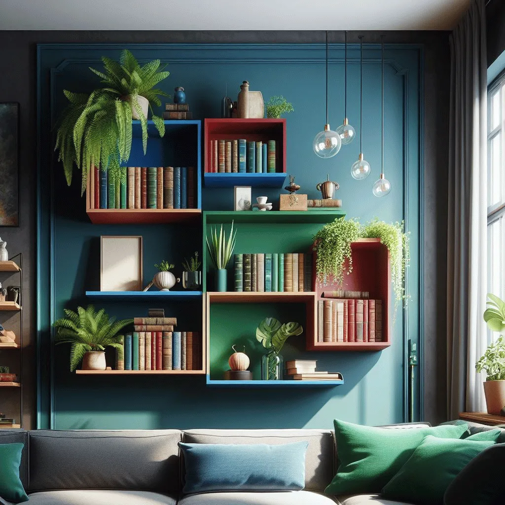 A realistic photograph capturing a modern living room with a floating bookshelf. The bookshelf has three shelves, each painted in vibrant colors—royal blue, emerald green, and deep crimson. The shelves are adorned with a mix of green plants, carefully arranged decorative items, and vintage artifacts.