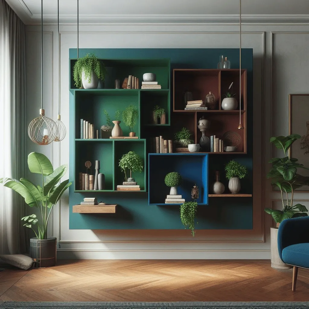 A realistic photograph capturing a modern living room with a floating bookshelf. The bookshelf has three shelves, each painted in vibrant colors—royal blue, emerald green, and deep crimson. The shelves are adorned with a mix of green plants, carefully arranged decorative items, and vintage artifacts.