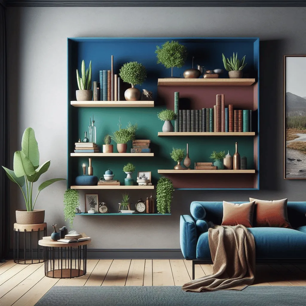 A realistic photograph capturing a modern living room with a floating bookshelf. The bookshelf has three shelves, each painted in vibrant colors—royal blue, emerald green, and deep crimson. The shelves are adorned with a mix of green plants, carefully arranged decorative items, and vintage artifacts.