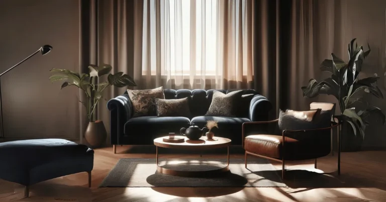 A sunlit living room with a plush, navy-blue velvet sofa as the focal point, adorned with intricately patterned throw pillows.