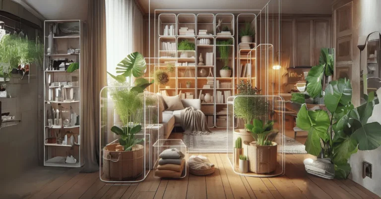 A meticulously arranged living room with transparent containers seamlessly integrated into its design, holding vibrant green plants, elegant books, and neatly folded blankets.