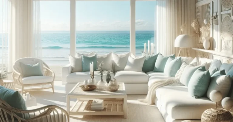 A sunlit coastal living room adorned with plush white furniture, seafoam blue accents, and natural textures like driftwood and rattan.