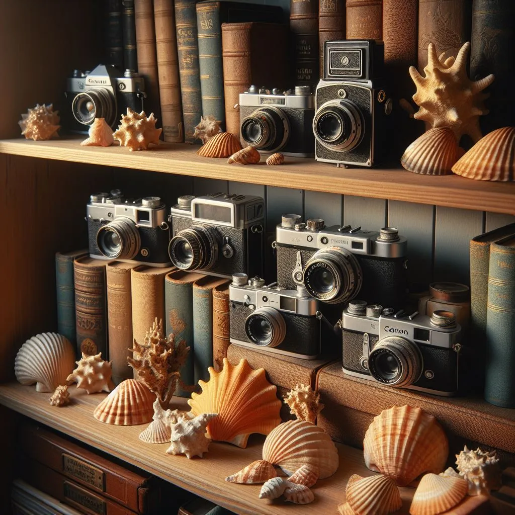 A cozy corner with a small bookshelf filled not with books, but an assortment of vintage cameras, each capturing a different era\'s charm. Among them, carefully placed seashells add a touch of seaside nostalgia. How to Decorate Bookshelves Without Books